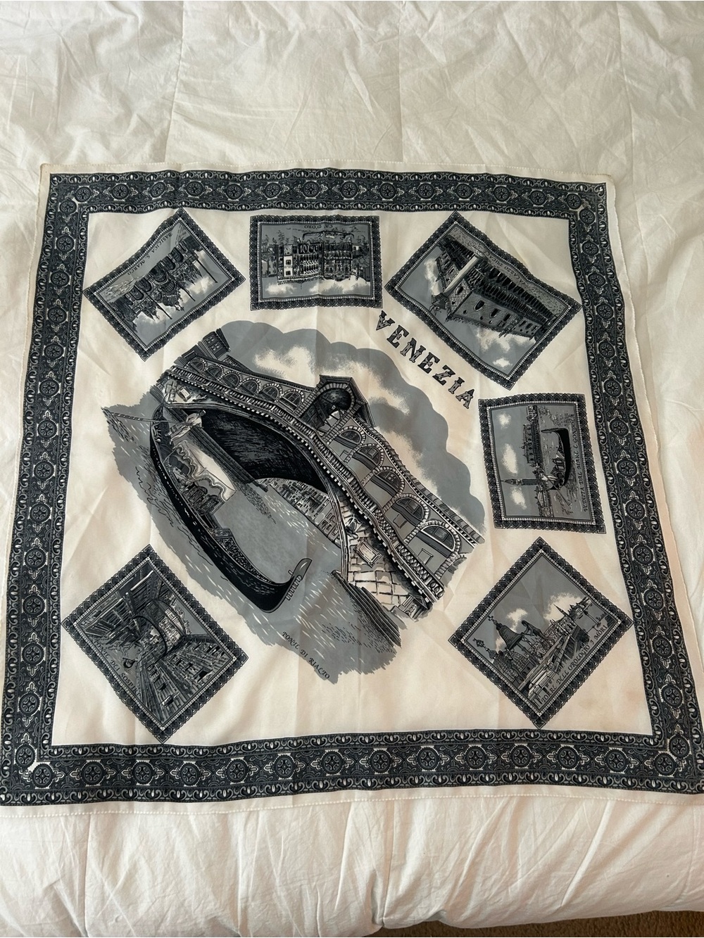 Venezia Black and White Venice Vintage Print Silk Scarf